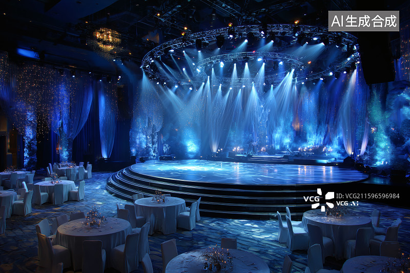 【AI数字艺术】酒店婚礼现场，探照灯照射在舞台中央，台下的座椅餐桌图片素材