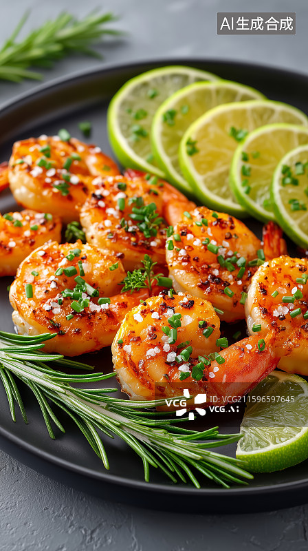 【AI数字艺术】香辣虾仁配青柠与迷迭香图片素材