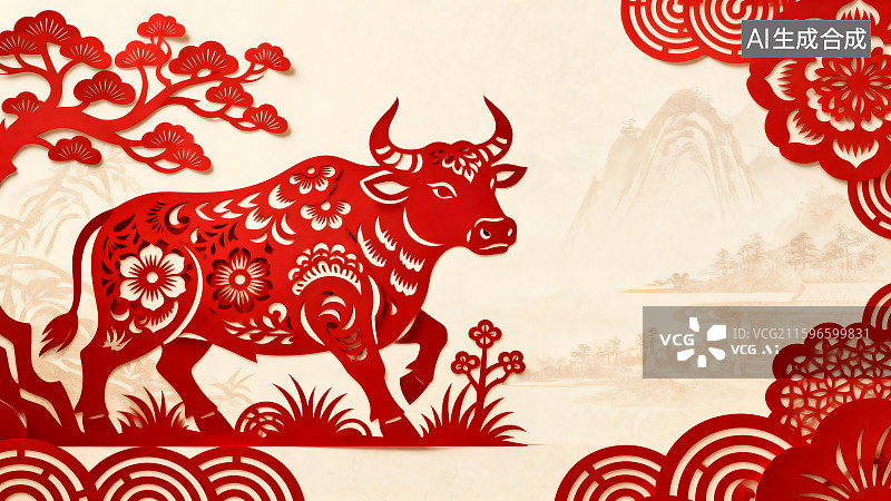 【AI数字艺术】中国新年红色剪纸牛图片素材