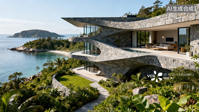 【AI数字艺术】海滨现代石砌别墅图片素材