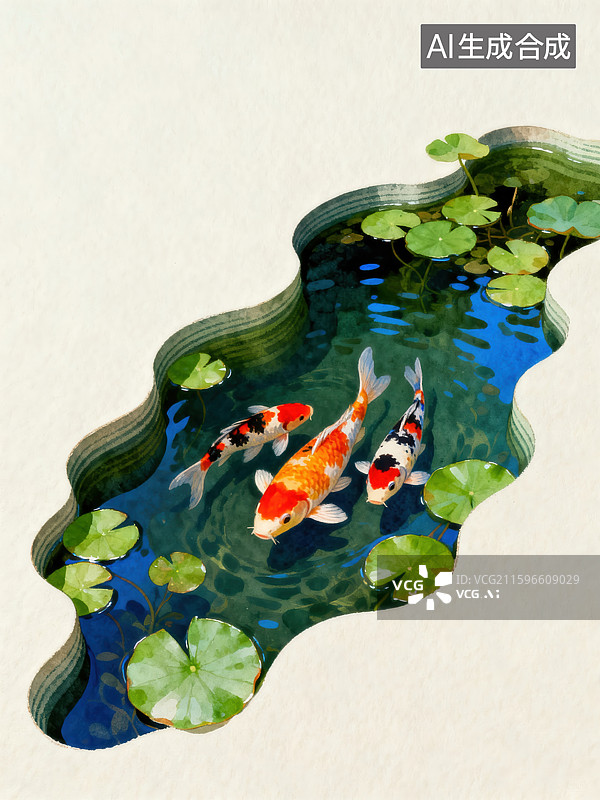 【AI数字艺术】锦鲤游动于荷叶点缀的池塘图片素材