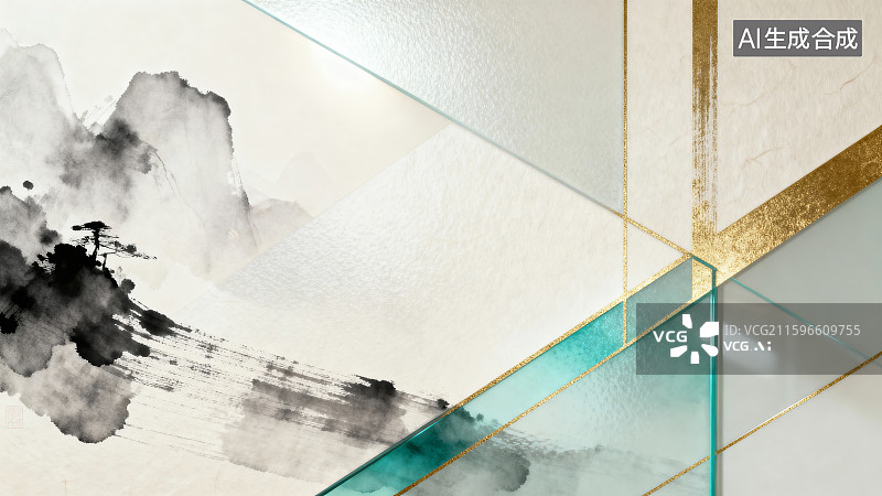 【AI数字艺术】水墨与几何线条的抽象艺术图片素材