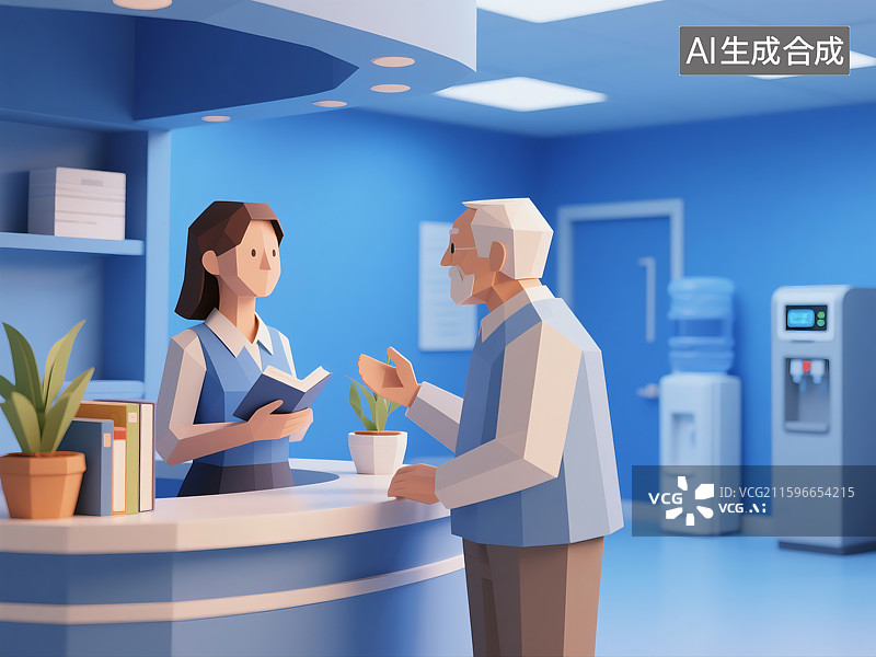 【AI数字艺术】办公厅内老爷爷和女柜员交谈咨询事情饮水机商务三维图图片素材