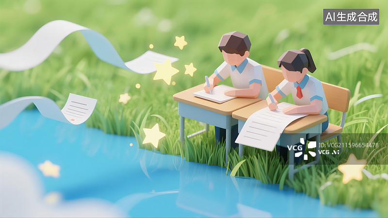 【AI数字艺术】绿色草地上两位小学生在课桌上学习做作业试卷教育三维图图片素材