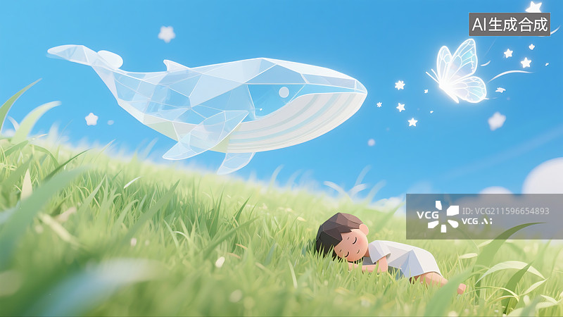 【AI数字艺术】小男孩趴在草地上睡觉鲸鱼星空蝴蝶三维图图片素材