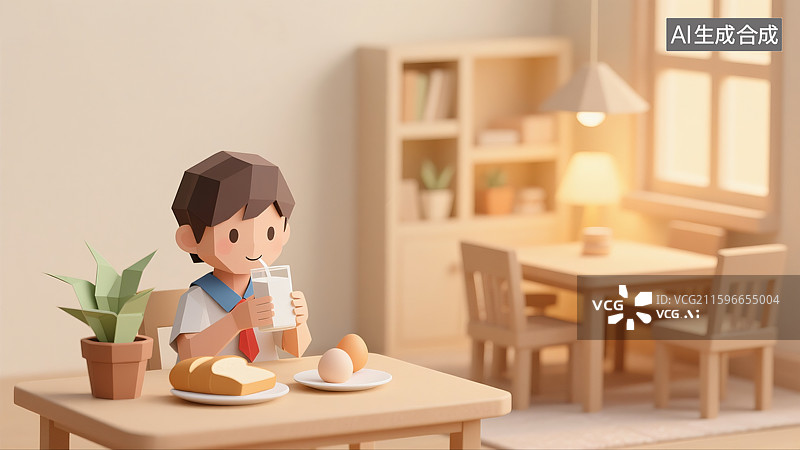 【AI数字艺术】温馨客厅小学生在喝牛奶吃早餐三维图图片素材