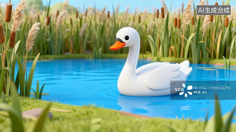 【AI数字艺术】3D池塘里的卡通白天鹅图片素材