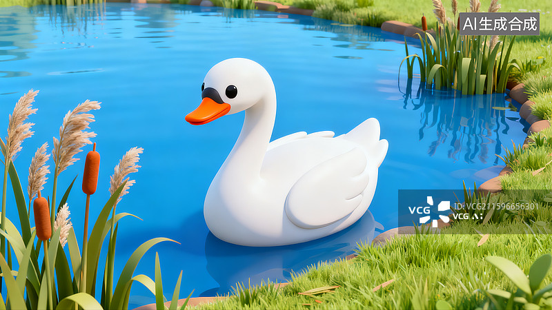 【AI数字艺术】3D池塘里的卡通白天鹅图片素材