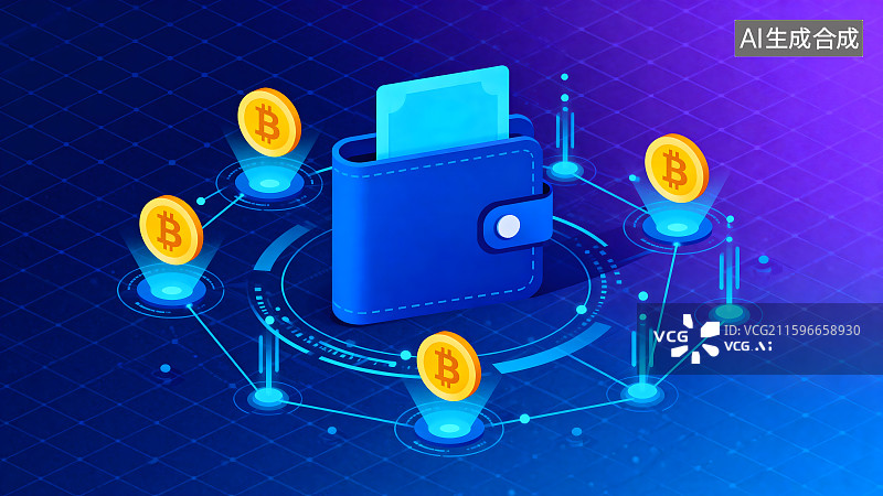 【AI数字艺术】数字加密货币钱包与比特币图标图片素材