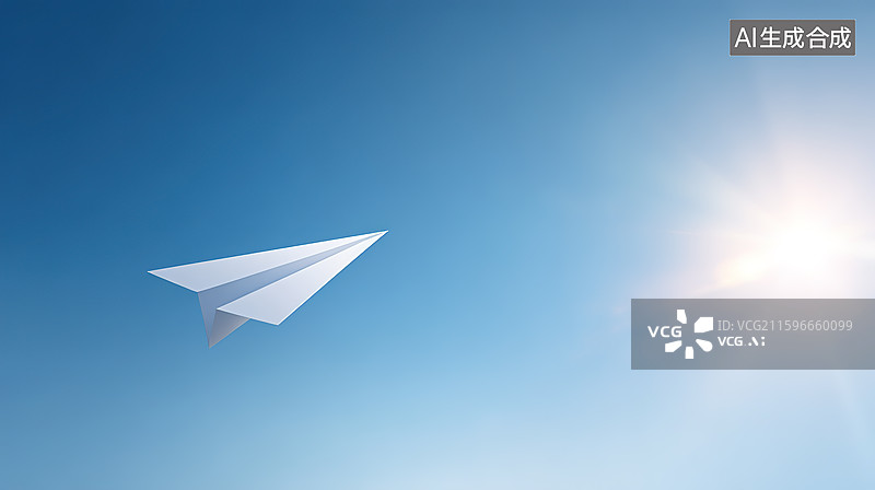 【AI数字艺术】纸飞机在蓝色天空中翱翔和自由梦想主题概念图片素材