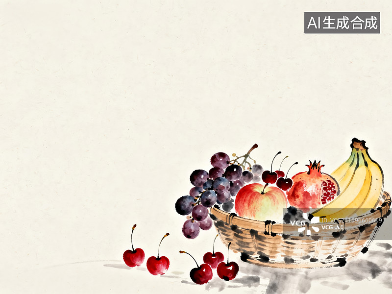 【AI数字艺术】中式水墨风水果篮图图片素材