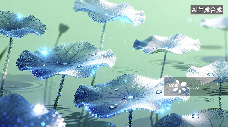 【AI数字艺术】碧绿背景下的蓝色睡莲叶片图片素材