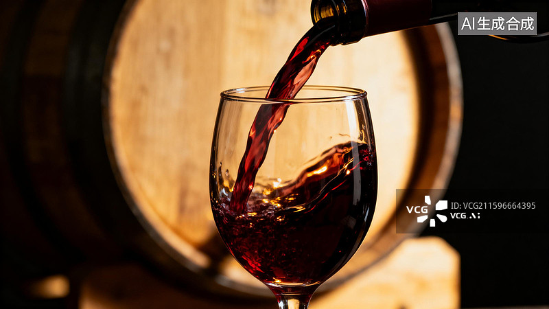 【AI数字艺术】木桶红酒玻璃高脚杯图片素材