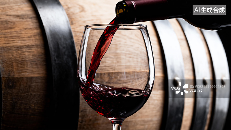 【AI数字艺术】木桶红酒玻璃高脚杯图片素材