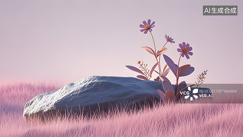 【AI数字艺术】小草坪石块展台浅粉色商品背景图片素材