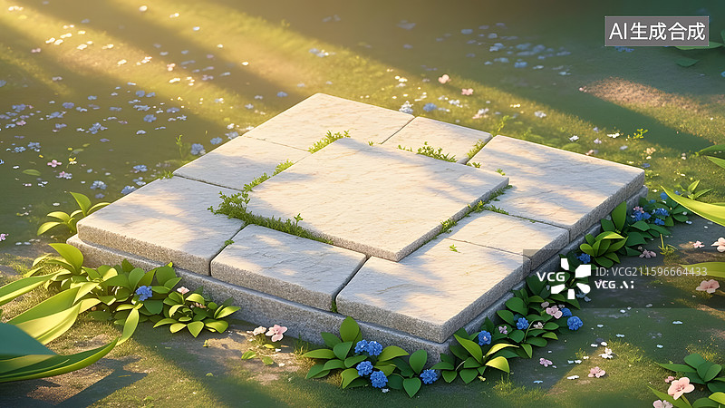 【AI数字艺术】小草坪石块展台浅粉色商品背景图片素材