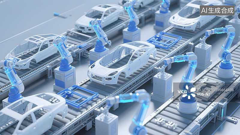 【AI数字艺术】全自动机械臂汽车工业产线卡通模型图片素材