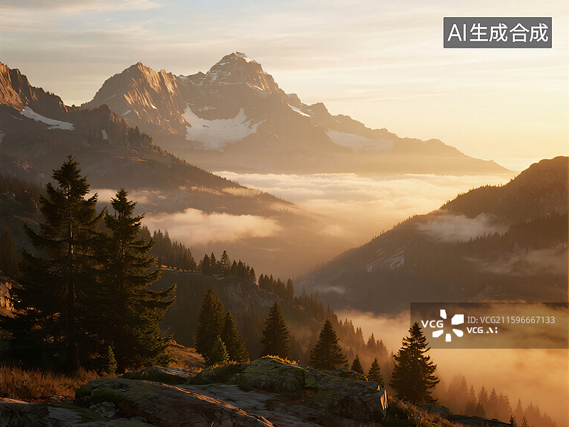 【AI数字艺术】晨曦之巅：金色光芒下的巍峨山脉图片素材