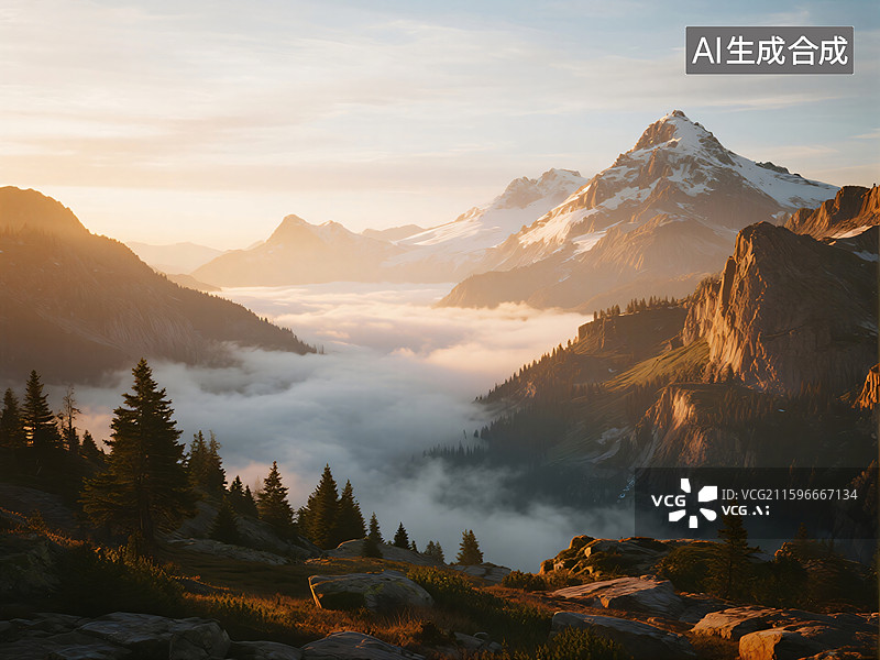 【AI数字艺术】晨曦之巅：金色光芒下的巍峨山脉图片素材
