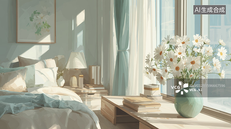 【AI数字艺术】窗台上的雏菊花束图片素材