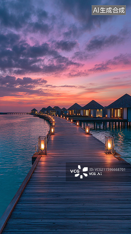 【AI数字艺术】海边栈桥与水上小屋的黄昏美景图片素材