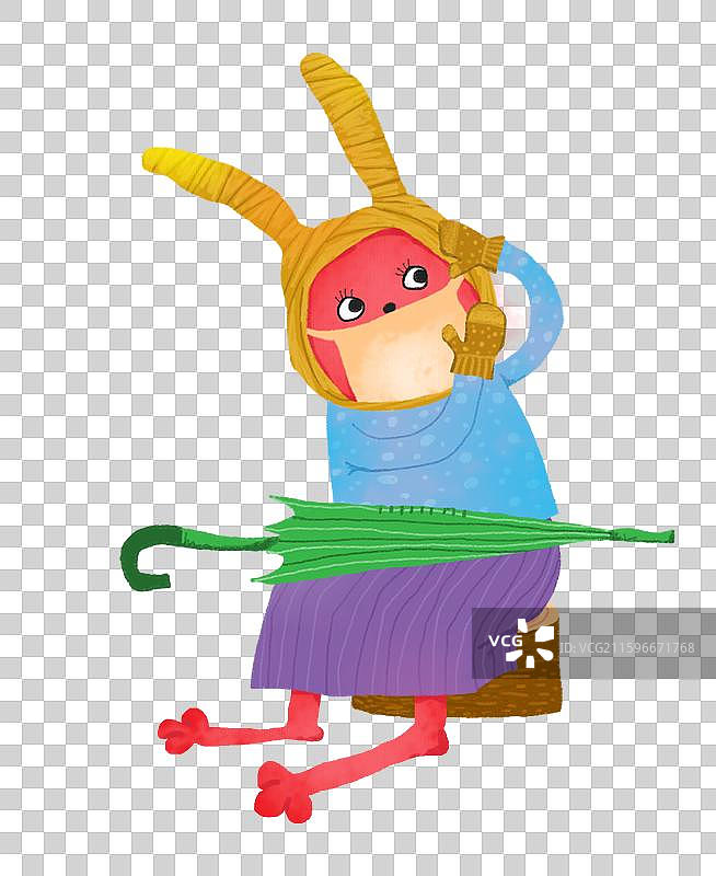 免抠元素 兔子插画 坐在木墩上带着口罩的兔子图片素材