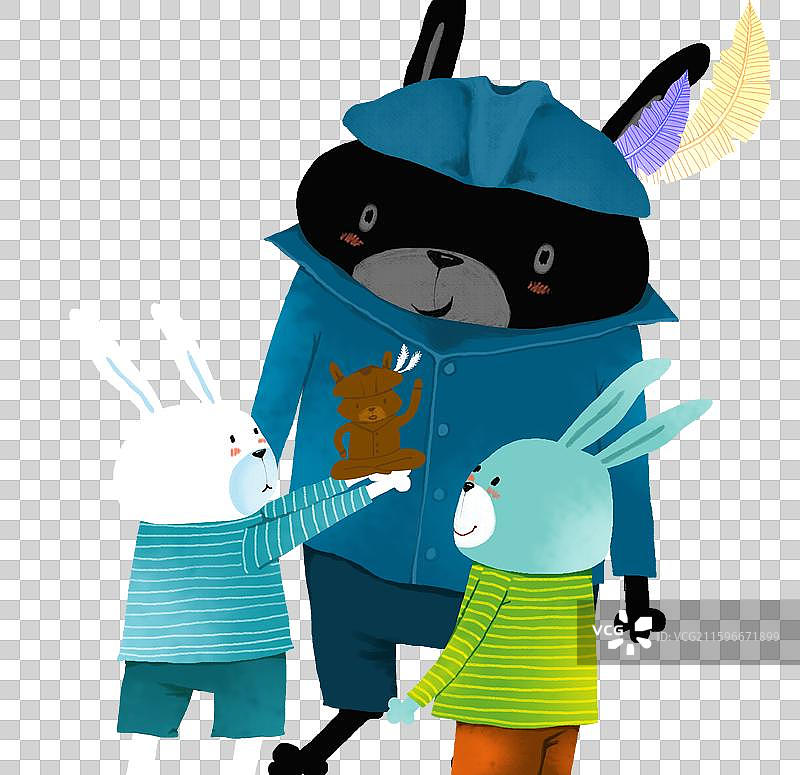 免抠元素 兔子插画 黑色兔子看着两只小兔图片素材