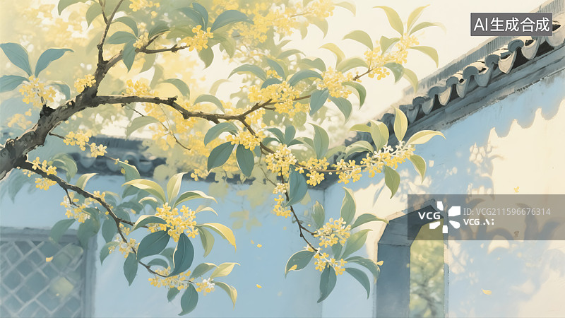 【AI数字艺术】庭院里的桂花树插画图片素材