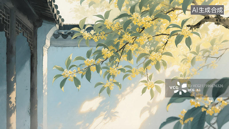 【AI数字艺术】庭院里的桂花树插画图片素材