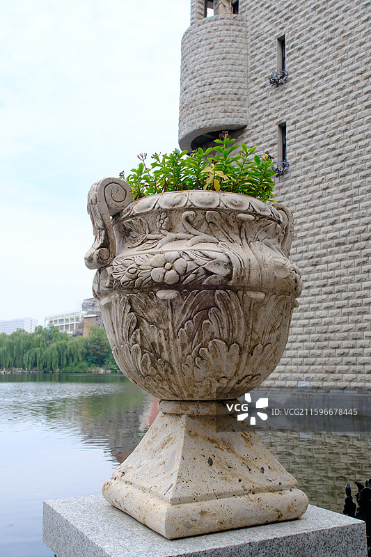 石头花坛。老石槽花盆。雕刻。鲜花种植。鸡冠花。城堡图片素材