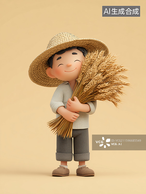 【AI数字艺术】农民微笑着捧着丰收的麦子3D卡通插画图片素材