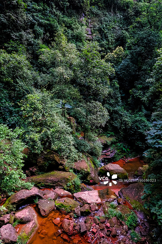 中国贵州赤水丹霞旅游区，赤水丹霞世界遗产核心区佛光岩景区风光，赤水丹霞地貌，赤水丹霞石，红色丹崖图片素材