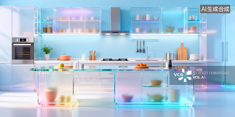 【AI数字艺术】厨房样板间室内设计效果图宽敞明亮岛台燃气灶具抽油烟机3D酸性彩色渐变未来科技感新颖创意场景正面视角图片素材
