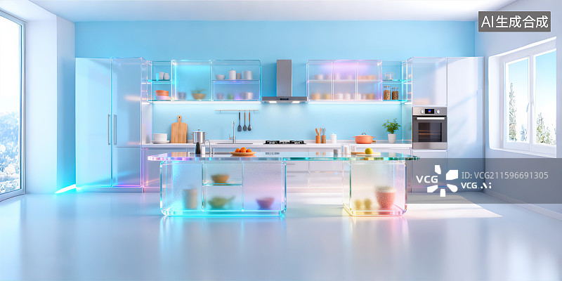 【AI数字艺术】厨房样板间室内设计效果图宽敞明亮岛台燃气灶具抽油烟机3D酸性彩色渐变未来科技感新颖创意场景正面视角图片素材