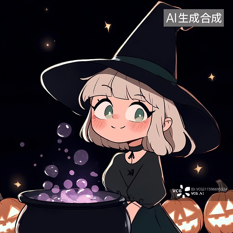 【AI数字艺术】国风卡通万圣节女巫插画人物图片素材