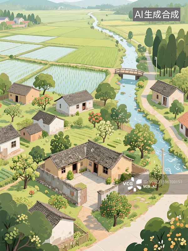 【AI数字艺术】古朴小院，各式各样的平房，远处一大片秧田，旁边一条小溪流，小桥，农村小路蜿蜒曲折到树林里，怀旧，治愈图片素材