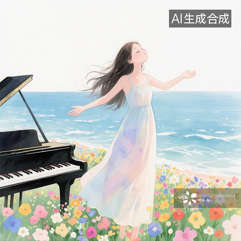 【AI数字艺术】插画风,一位长发长裙的女孩面朝大海张开双臂，在她的身后，一架钢琴被五彩斑斓的花海簇拥环绕着。图片素材