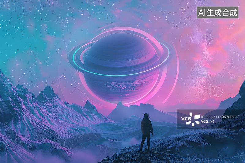 【AI数字艺术】梦幻星球下孤独行者仰望星空图片素材
