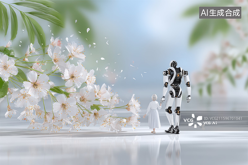 【AI数字艺术】白色机器人与人形携手漫步花径图片素材