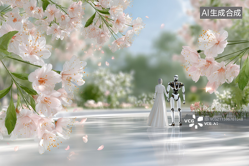 【AI数字艺术】白色机器人与人形携手漫步花径图片素材