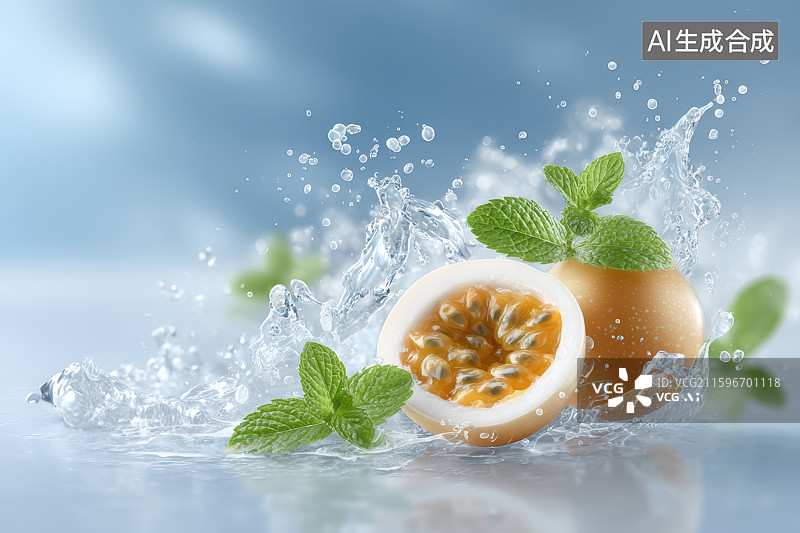 【AI数字艺术】百香果切开汁液飞溅自然场景图片素材