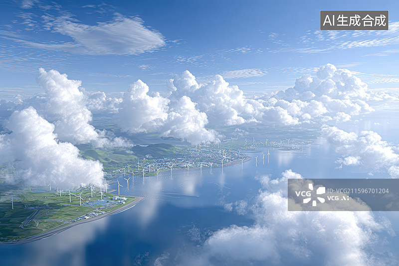 【AI数字艺术】海上风电场与蓝天白云清洁能源图片素材