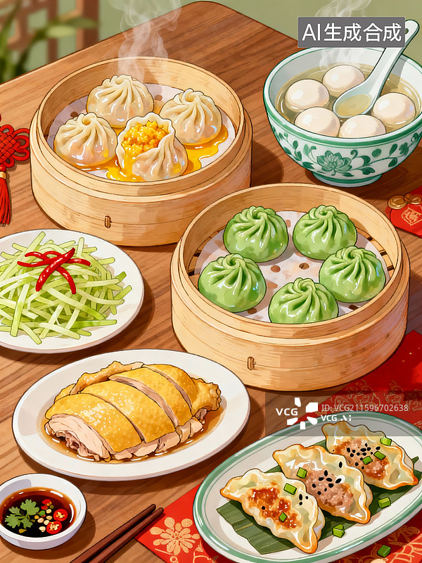 【AI数字艺术】手绘漫画，木质餐桌上有蒸屉，整齐摆放着流汁纯蟹粉小汤包，搭配了蘸料碟，凉拌莴笋丝，还有一小盘鲜肉锅贴图片素材