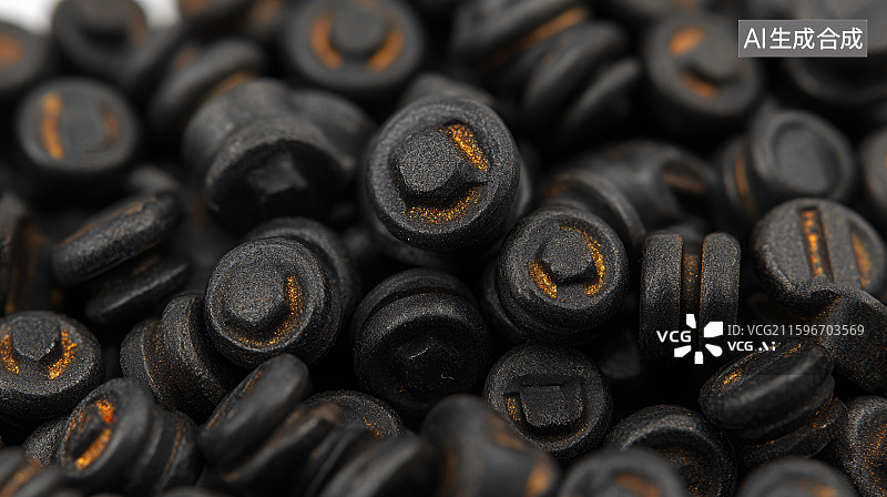 【AI数字艺术】黑色金属螺母堆叠特写图片素材