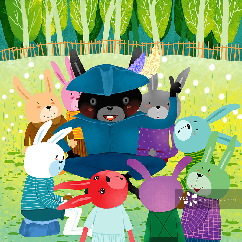 儿童插画 绘本插画 一只黑色兔子给一群小兔子讲故事图片素材