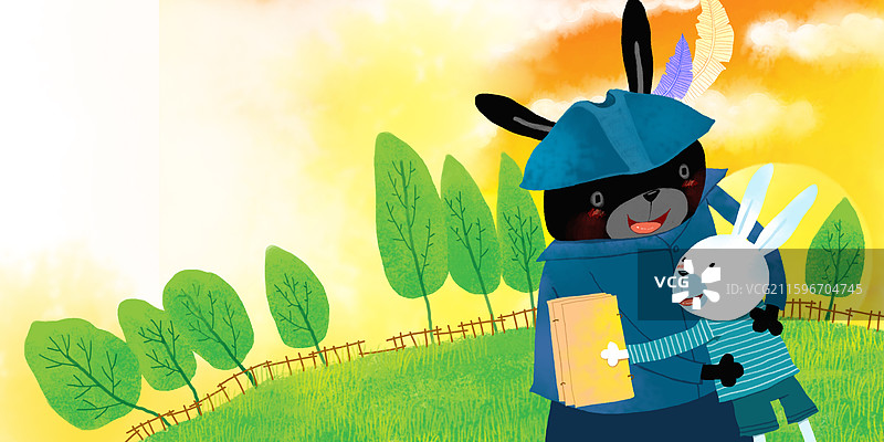 儿童插画 绘本插画 黑兔抱着小白兔图片素材