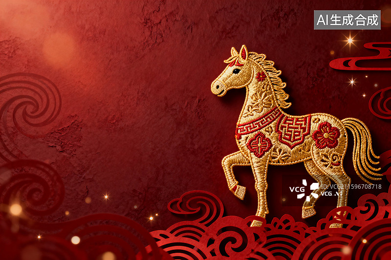 【AI数字艺术】红色背景上的金色马装饰图片素材