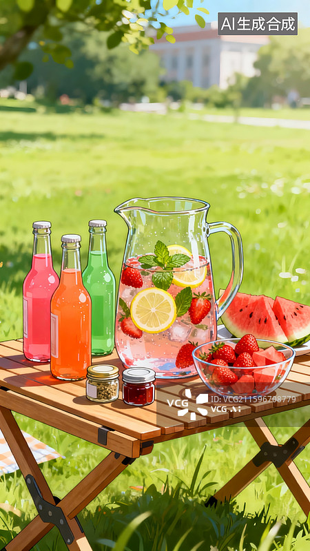 【AI数字艺术】户外野餐，草地，木质折叠桌，桌子上有一个透明的玻璃水壶，里面装满了清凉的饮料，还摆放着水果图片素材
