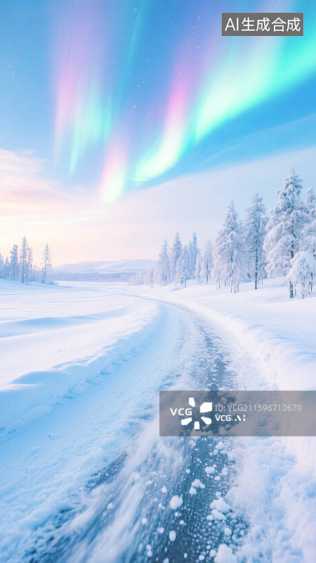 【AI数字艺术】冬季冰天雪地雪花飞溅飘落动感迅速道路公路户外无人区森林树林积雪覆盖电商产品展台背景彩色北极光梦幻天空图片素材