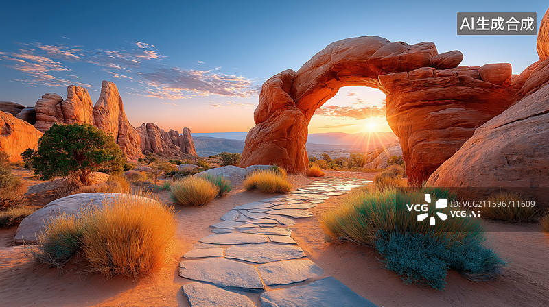 【AI数字艺术】日落时分的天然石拱门图片素材